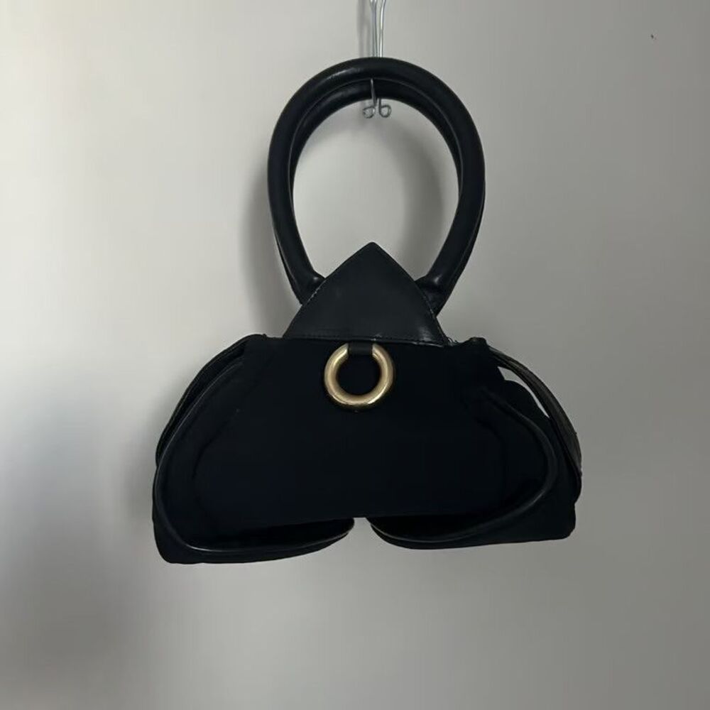 RARE Vintage Black Sculptural Top Handle Handbag Nylon Leather Italy